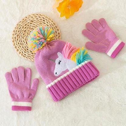 Obrázek Dětská zimní sada čepice a rukavic s jednorožcem