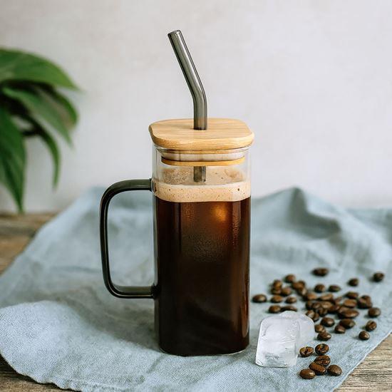 Obrázek z Hranatá sklenice s víčkem, brčkem a uchem - 350 ml