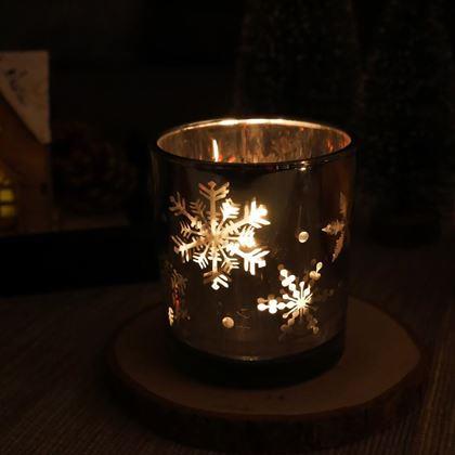 Obrázek z Skleněný vánoční svícen na čajovou svíčku - sněhové vločky