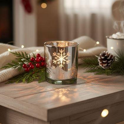 Obrázek z Skleněný vánoční svícen na čajovou svíčku - sněhové vločky