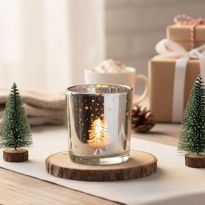 Obrázek z Skleněný vánoční svícen na čajovou svíčku - zimní les