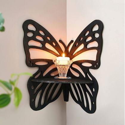 Obrázek z Dřevěná rohová polička motýl - černá