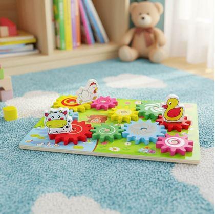 Obrázek z Dřevěná hračka s ozubenými kolečky se zvířátky