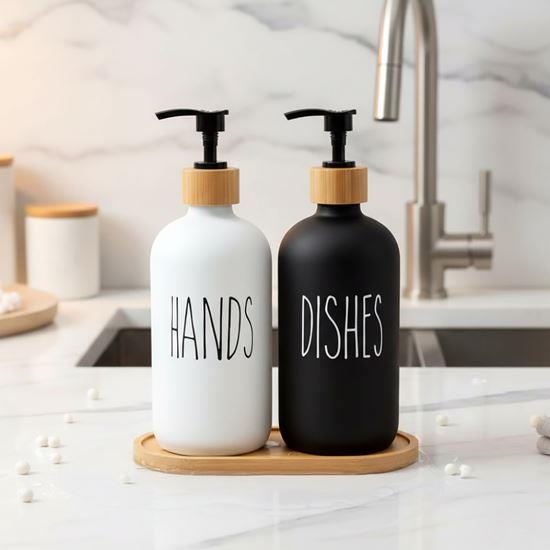 Obrázek z Sada dávkovačů s pumpičkou na mýdlo a jar na podnose