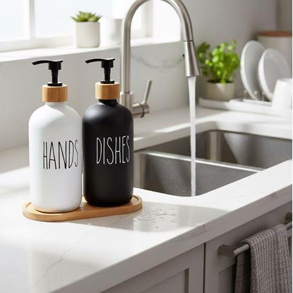 Obrázek z Sada dávkovačů s pumpičkou na mýdlo a jar na podnose