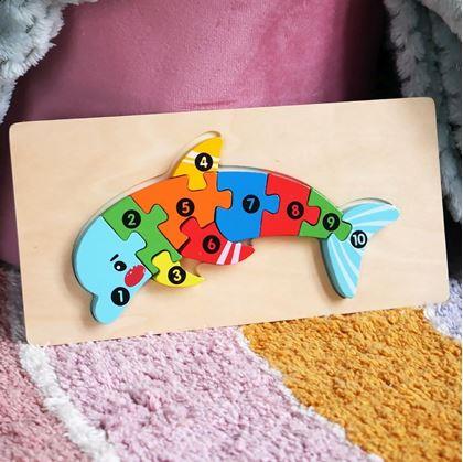 Obrázek z Dřevěné puzzle s čísly - delfín