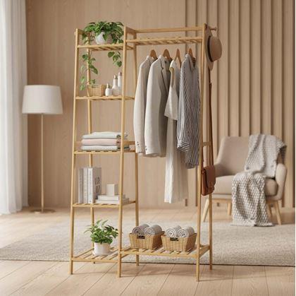 Obrázek z Dřevěný stojan na oblečení s policemi a věšákem - šířka 80 cm