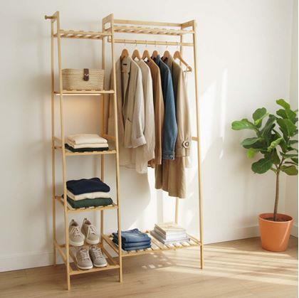 Obrázek z Dřevěný stojan na oblečení s policemi a věšákem - šířka 80 cm