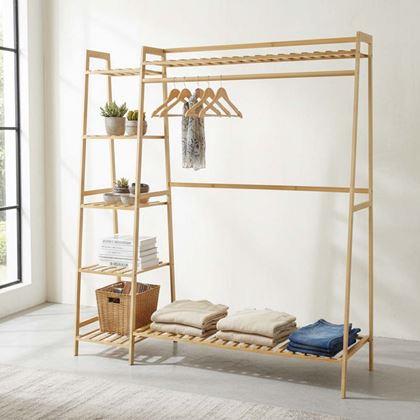 Obrázek z Bambusový stojan na oblečení s policemi a věšákem - šířka 130 cm