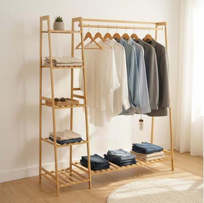 Obrázek z Dřevěný stojan na oblečení s policemi a věšákem - šířka 130 cm