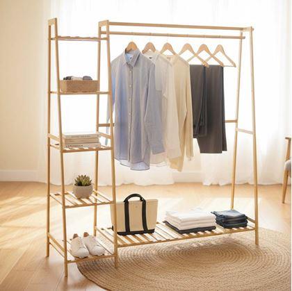 Obrázek z Dřevěný stojan na oblečení s policemi a věšákem - šířka 130 cm