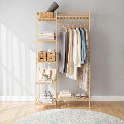 Obrázek z Bambusový stojan na oblečení s policemi a věšákem - šířka 80 cm