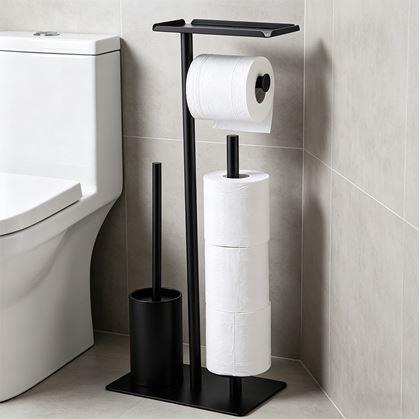 Obrázek z Kovový černý stojan na toaletní papír s WC štětkou