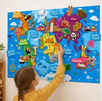 Obrázek z Plstěná dětská mapa světa se zvířátky a památkami