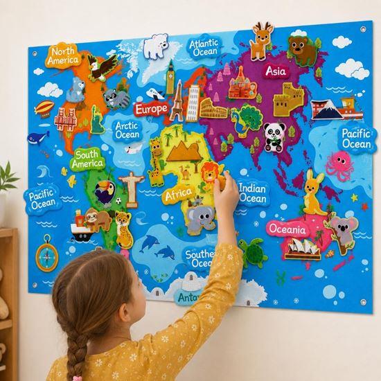 Obrázek z Plstěná dětská mapa světa se zvířátky a památkami